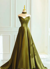 Green Satin Sweetheart Long A-line Prom Dress Evening Dress