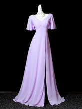 Vestido de fiesta largo de gasa morado claro con mangas cortas