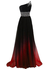Vestido de fiesta de gasa con degradado negro y rojo, con un solo hombro y cuentas