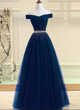 Charming Navy Blue Off Shoulder Floor Length Beaded Party Dress