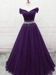 Dark Purple Tulle Long Prom Dresses