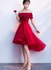 Dark Red High Low Flowers Homecoming Dress