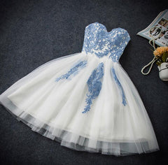 Lovely White Tulle Party Dress with Blue Applique
