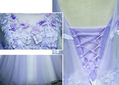 Vestido de quinceañera de tul morado claro con encaje