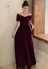 Elegant Burgundy Off Shoulder Sweetheart Velvet Party Dress