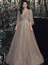 Sexy Champagne Tulle V Back Long Evening Dress Party Dress