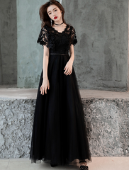 Black Lace and Tulle Long A-line Simple Evening Dress