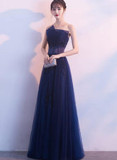 Vestido de fiesta largo de tul azul marino con encaje y cuentas, vestido de fiesta azul de corte A, vestido formal