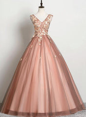 Hermoso vestido de fiesta de tul con escote en V en color rosa para dulces 16