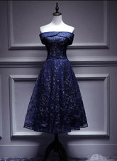 Vestido de dama de honor con hombros descubiertos y encaje azul marino, vestido formal azul
