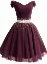 Maroon Off Shoulder Beaded Tulle Short Prom Dress Homecoming Dress
