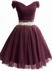 Maroon Off Shoulder Beaded Tulle Short Prom Dress Homecoming Dress