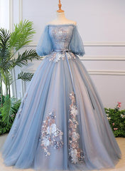 Beautiful Blue Tulle Off Shoulder with Lace Floral Long Party Dress