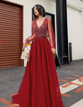 Wine Red Long Sleeves Beaded Low Back Tulle Prom Dress