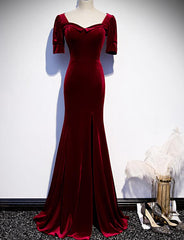 Wine Red Velvet Mermaid Long Evening Party Dresses