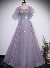Beautiful Light Purple Sequins Short Sleeves Party Dress