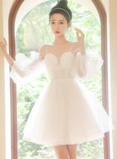 White Tulle Short Sleeves Homecoming Dress