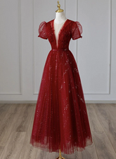 Wine Red Tulle Cap Sleeves Bridesmaid Dress