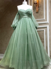 Vestidos formales de corte A con mangas abullonadas de tul verde