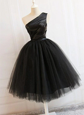 Black Tulle One Shoulder Elegant Tea Length Party Dress