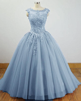 Charming Blue Tulle Long Ball Gown Sweet 16 Dress with Lace