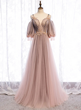 Long Sleeves Pink Tulle Long Party Dress with Lace