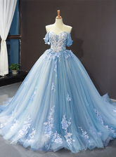 Blue Sweetheart Off Shoulder with Lace Applique Party Dress