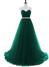 Simple Green Beaded Waist Tulle A-line Floor Length Party Dress