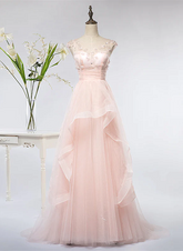 Pink Elegant Tulle A-line Floor Length Wedding Party Dresses