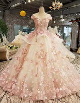 Beautiful Pink Tulle with Flowers and Beaded Long Party Dress