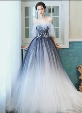 Charming Blue Gradient Straps Long Junior Prom Dress