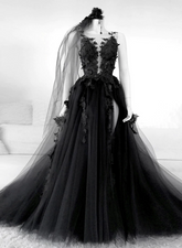 Black V-neckline Backless Tulle with Lace Party Dress