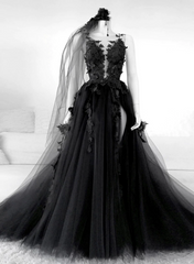 Black V-neckline Backless Tulle with Lace Party Dress