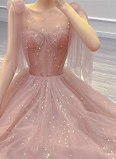 Vestido de fiesta de corte A con escote en forma de corazón de tul rosa y perlas