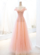 Pink Tulle A-line Long Prom Dress with Sequins