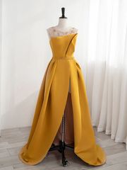 Yellow Satin Beaded Long Prom Dress with Leg Slit