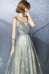 V-neckline Sexy Shiny Tulle A-line Long Prom Dress
