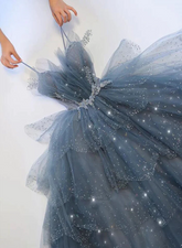 Blue Sparkle Beadedd Tulle Floor Length Party Dress