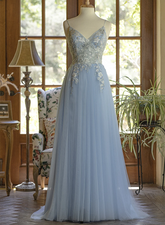 Light Blue Tulle V-neckline Straps with Lace Long Party Dress