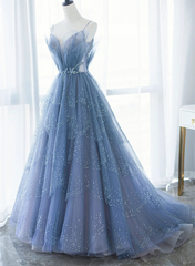 Blue Tulle Gorgeous V Neck Long Prom Dress