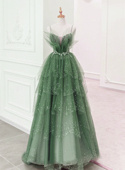 Glam Green Layers Tulle Straps Beaded Long Party Dress