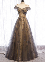Grey A-line Tulle and Lace Long Prom Dress