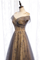 Grey A-line Tulle and Lace Long Prom Dress