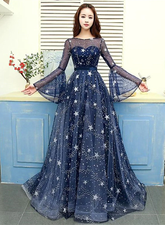 A-line Navy Blue Round Neckline Long Party Dress