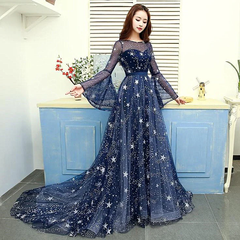 A-line Navy Blue Round Neckline Long Party Dress