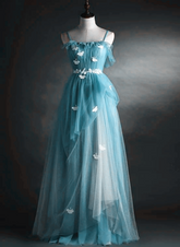 A-line Blue Tulle Straps Long Formal Dress