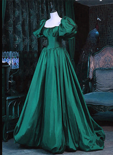 Vestido formal largo de tafetán con mangas abullonadas verdes