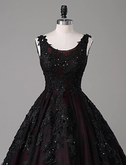 Vestido formal largo de tul negro y rojo sin espalda