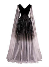 Vestido de fiesta de tul negro brillante con degradado y escote en V