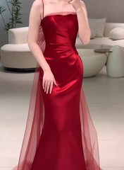 Red Satin Mermaid Long Party Dress with Train